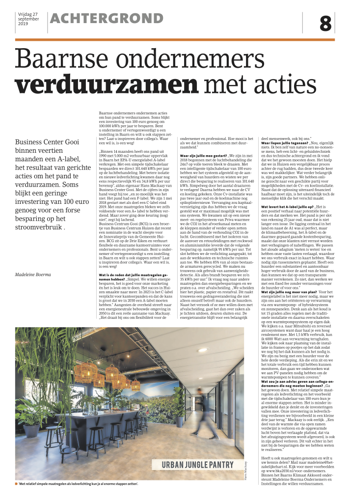 Foto van artikel over Business Center Gooi_in de Baarnsche Courant_door Madeleine Boerma