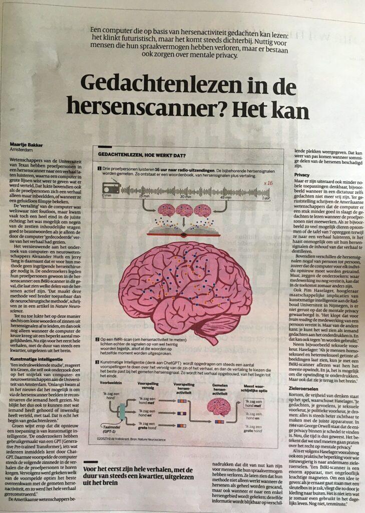 Gedachtenlezen in de hersenscanner? Het kan. Artikel in de Volkskrant door Maartje Bakker